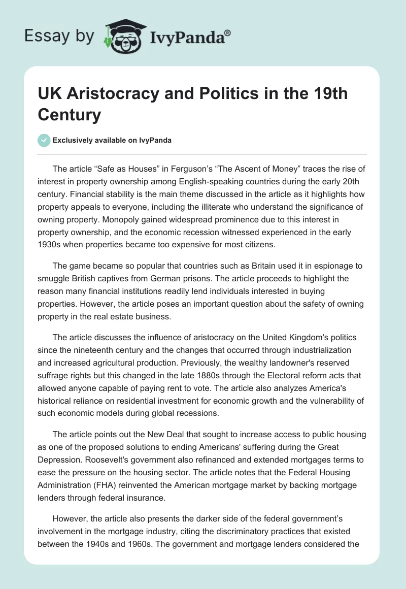 UK Aristocracy and Politics in the 19th Century. Page 1