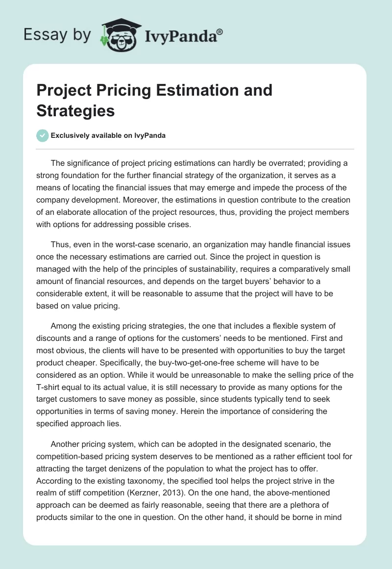Project Pricing Estimation and Strategies. Page 1