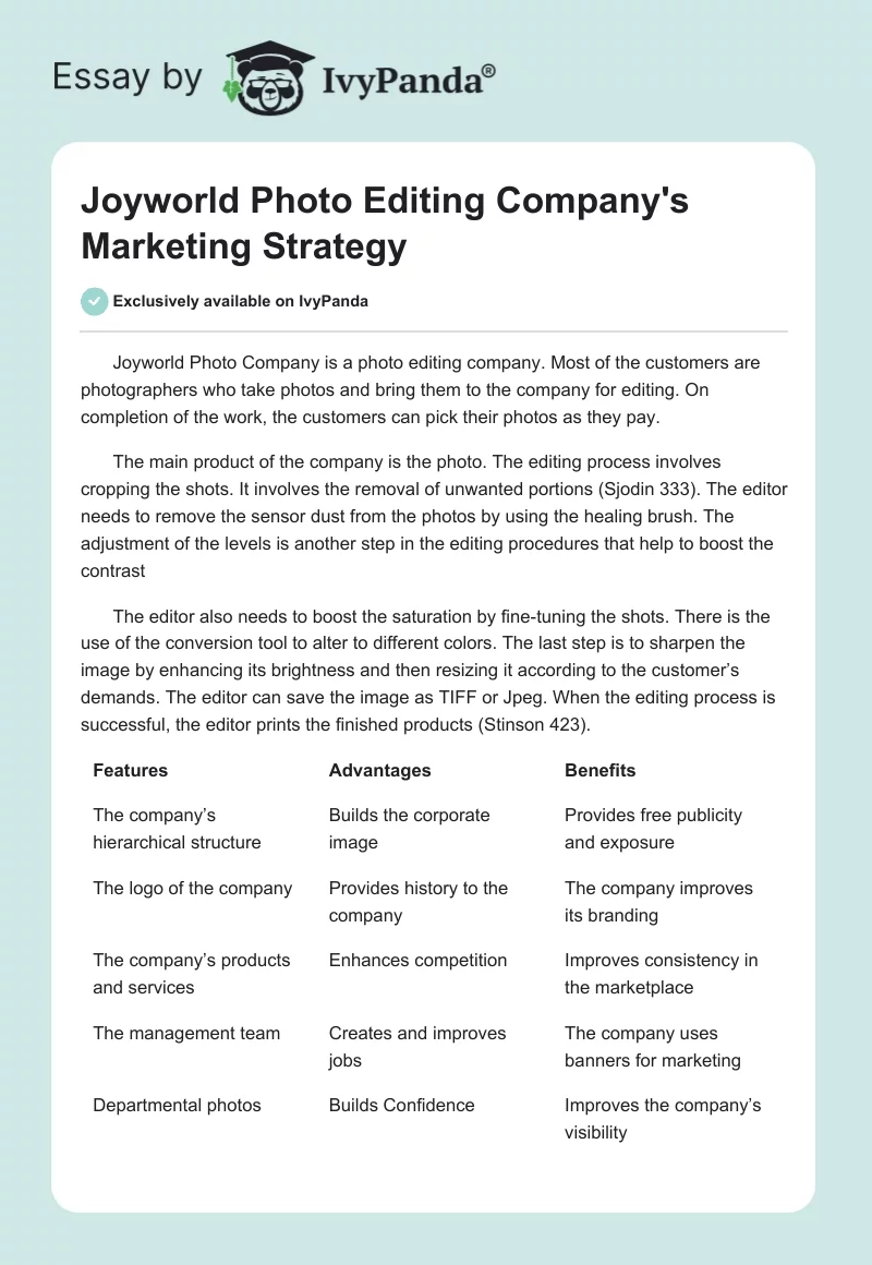 Joyworld Photo Editing Company's Marketing Strategy. Page 1
