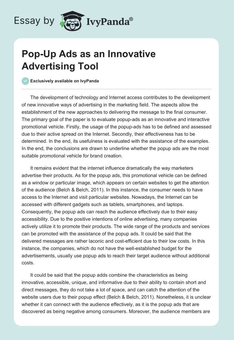 Pop-Up Ads as an Innovative Advertising Tool. Page 1