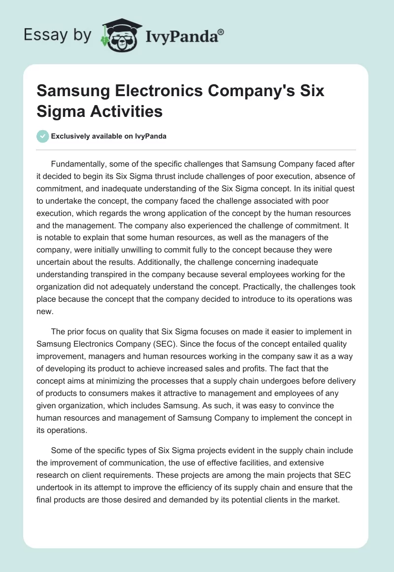 Samsung Electronics Company's Six Sigma Activities. Page 1