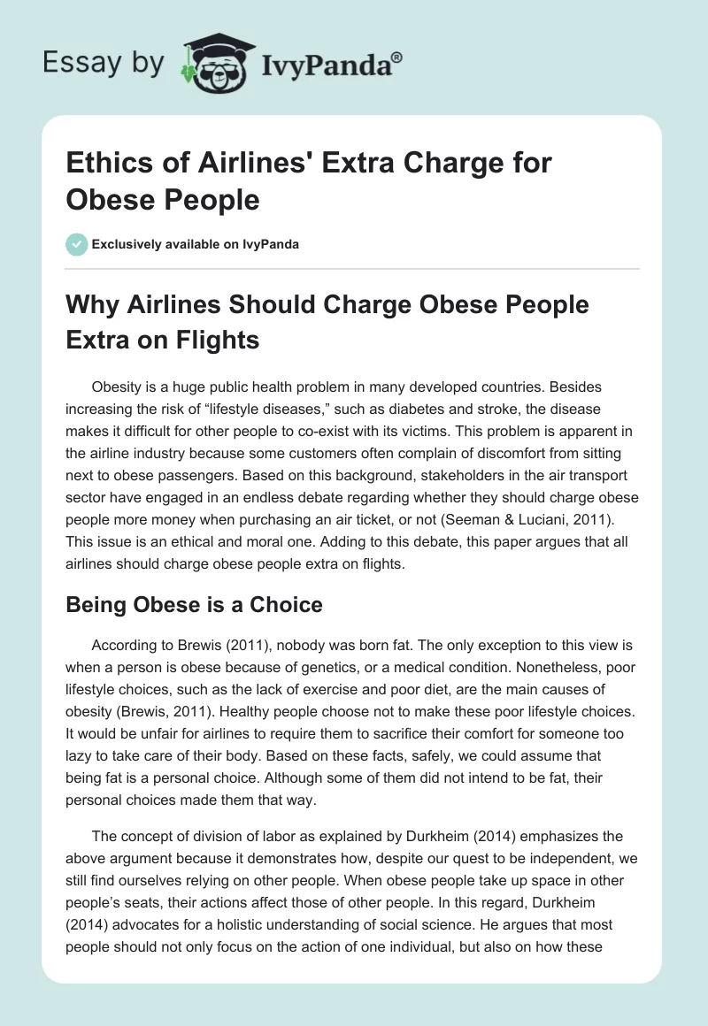 Ethics of Airlines' Extra Charge for Obese People. Page 1