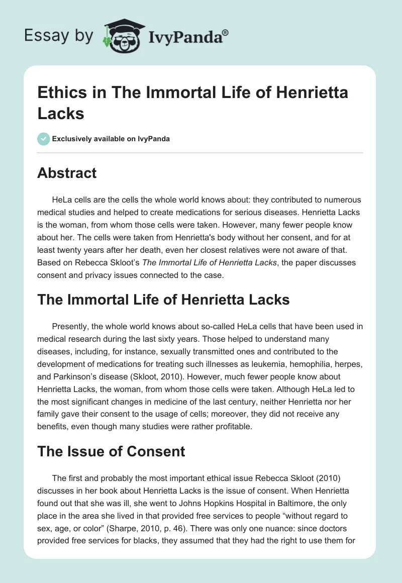 Ethics in "The Immortal Life of Henrietta Lacks". Page 1
