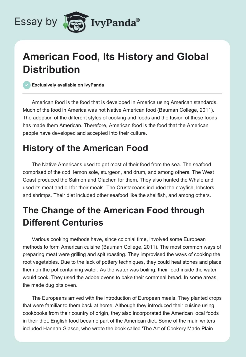 American Food, Its History and Global Distribution. Page 1