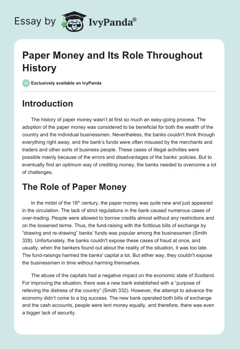 Paper Money and Its Role Throughout History. Page 1