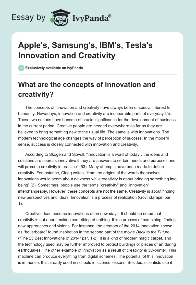 Apple's, Samsung's, IBM's, Tesla's Innovation and Creativity. Page 1