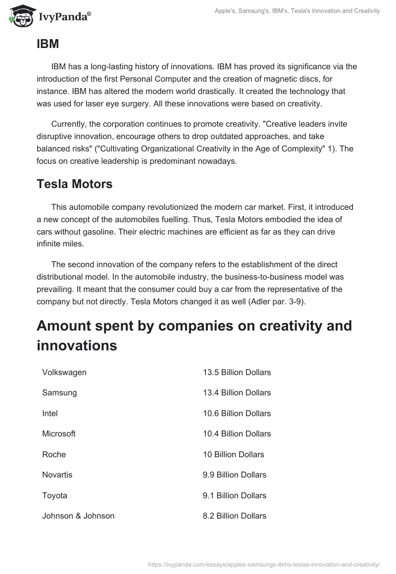 Apple's, Samsung's, IBM's, Tesla's Innovation and Creativity. Page 3