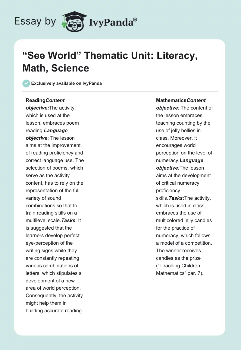 “See World” Thematic Unit: Literacy, Math, Science. Page 1