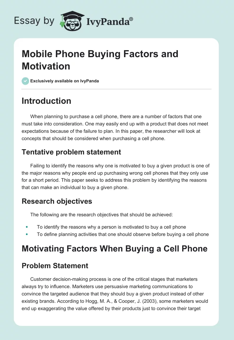Mobile Phone Buying Factors and Motivation. Page 1