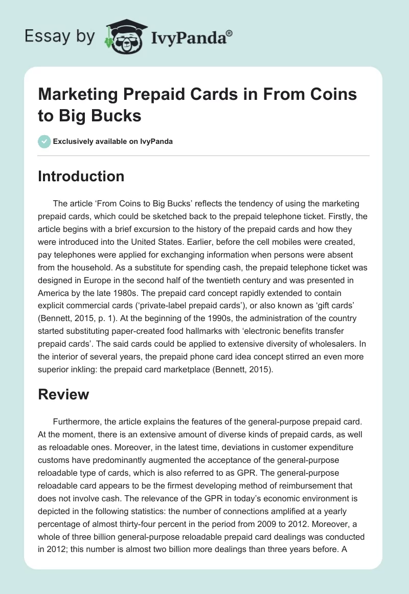 Marketing Prepaid Cards in "From Coins to Big Bucks". Page 1