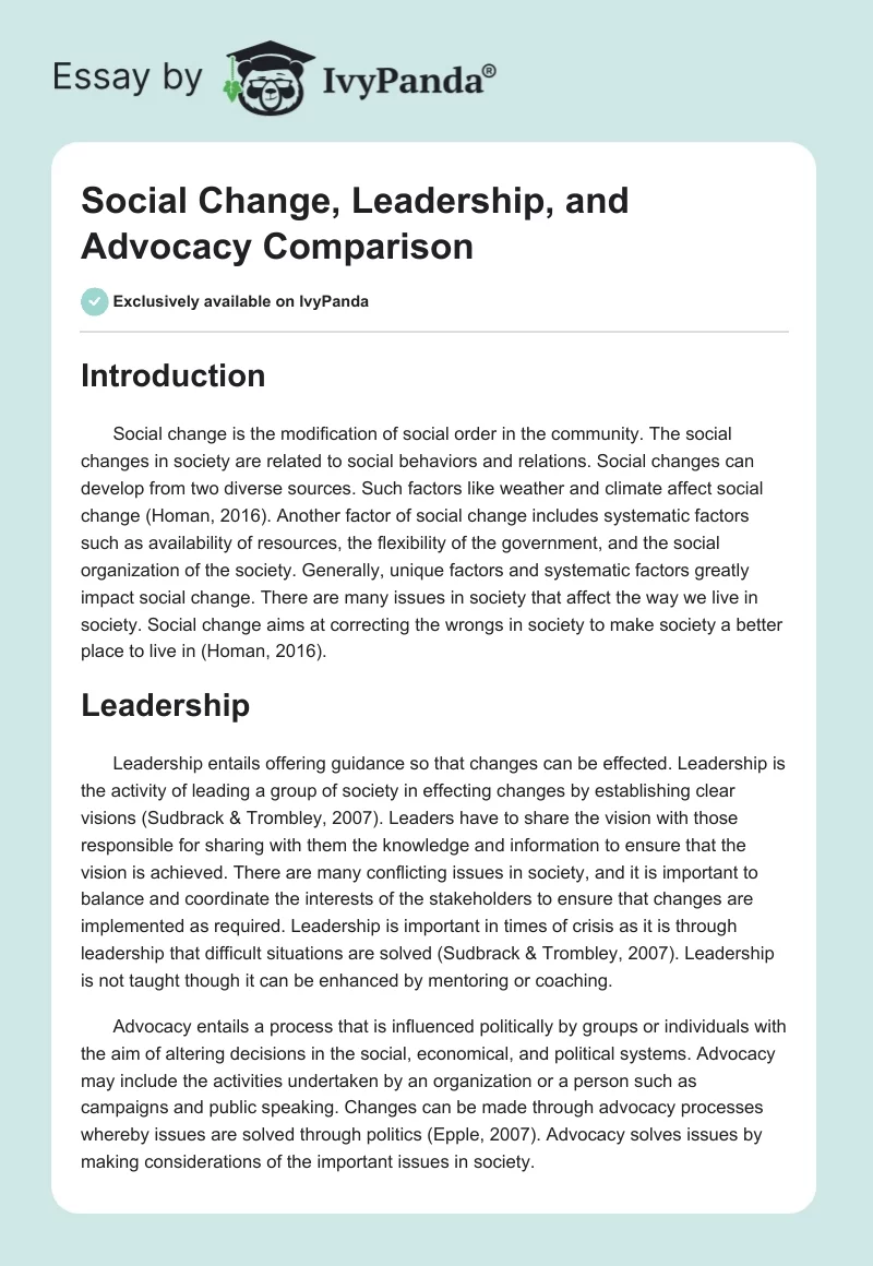 Social Change, Leadership, and Advocacy Comparison. Page 1