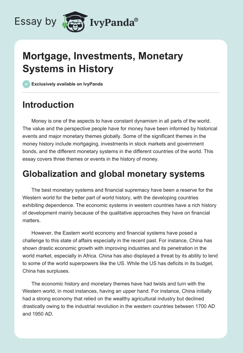 Mortgage, Investments, Monetary Systems in History. Page 1