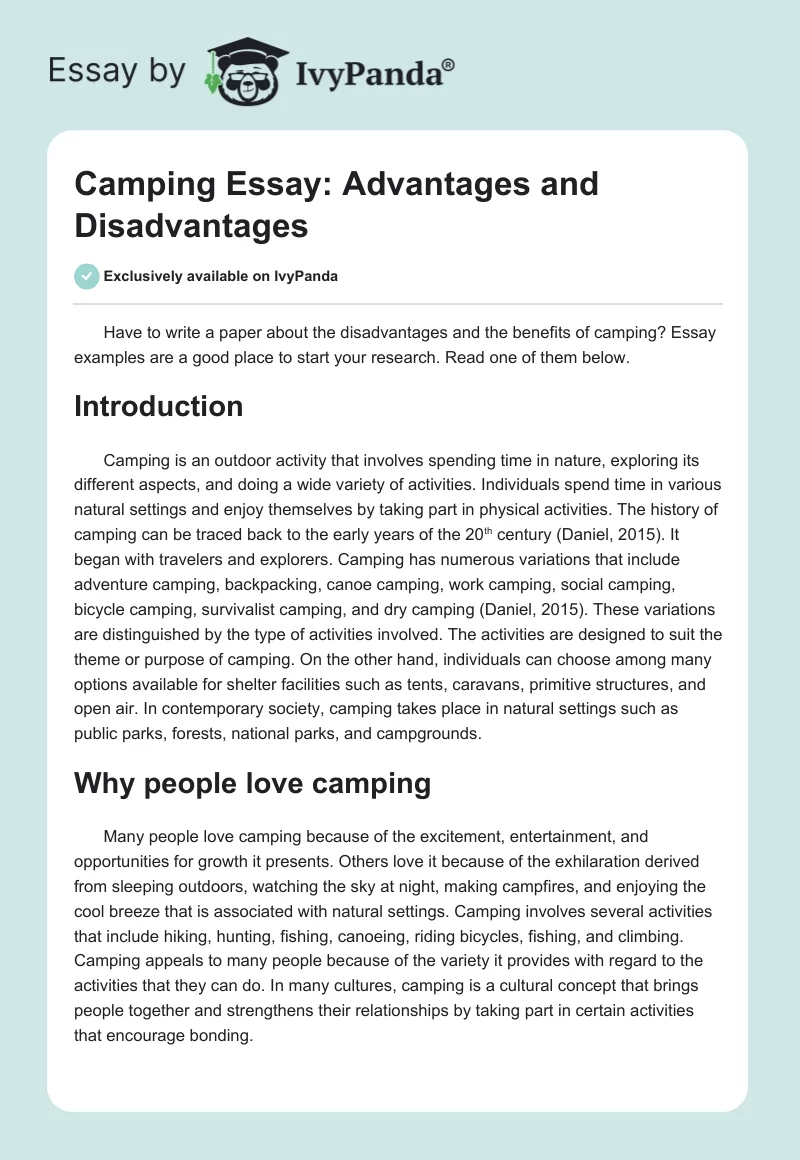 Camping Essay: Advantages and Disadvantages. Page 1