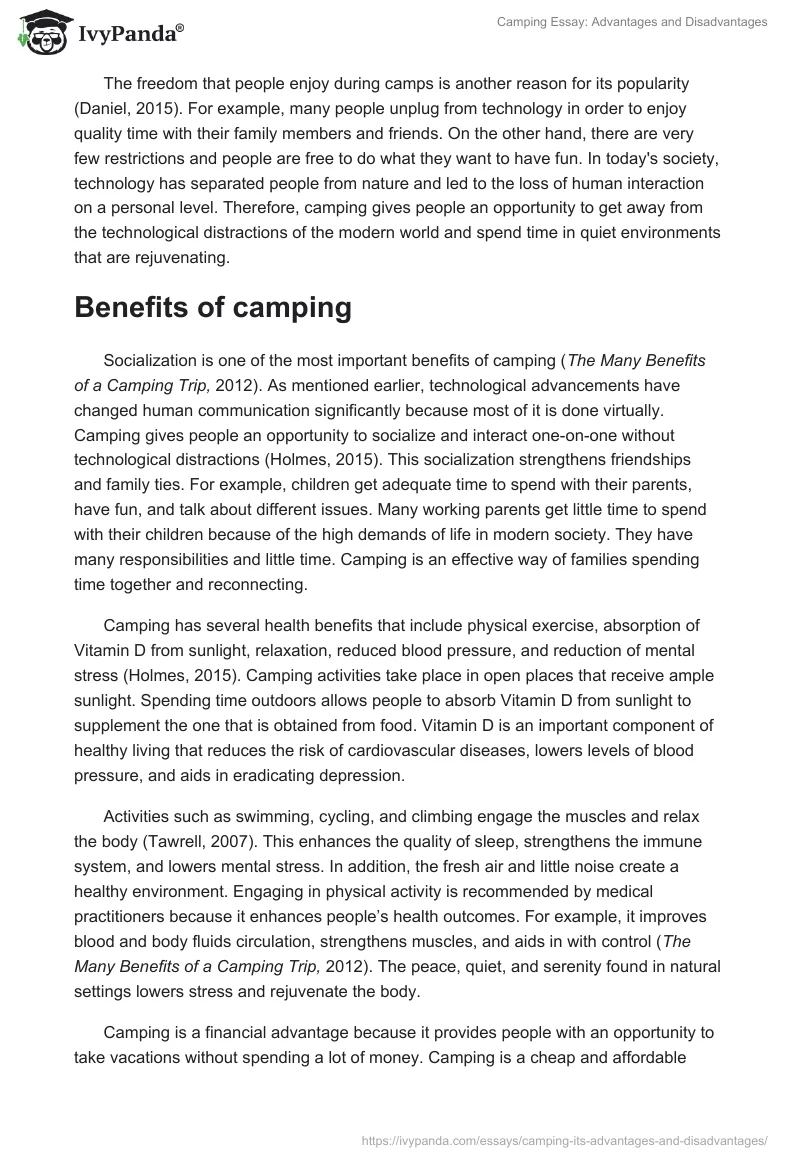 Camping Essay: Advantages and Disadvantages. Page 2