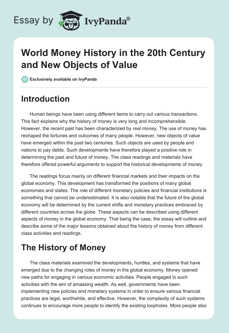 World Money History in the 20th Century and New Objects of Value. Page 1