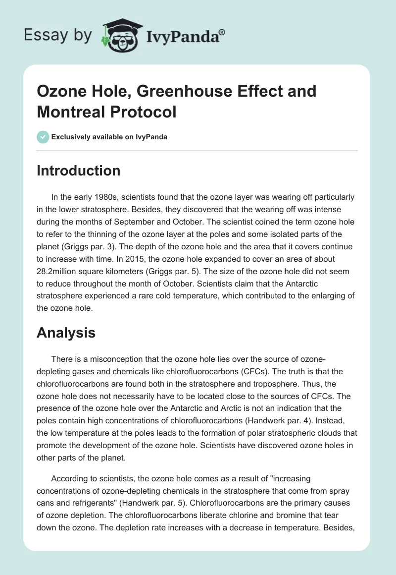 Ozone Hole, Greenhouse Effect and Montreal Protocol. Page 1