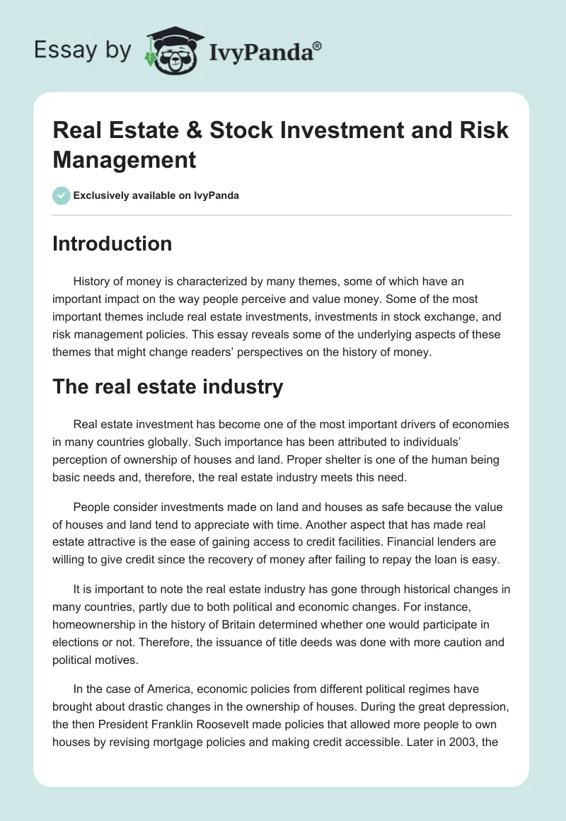 Real Estate & Stock Investment and Risk Management. Page 1