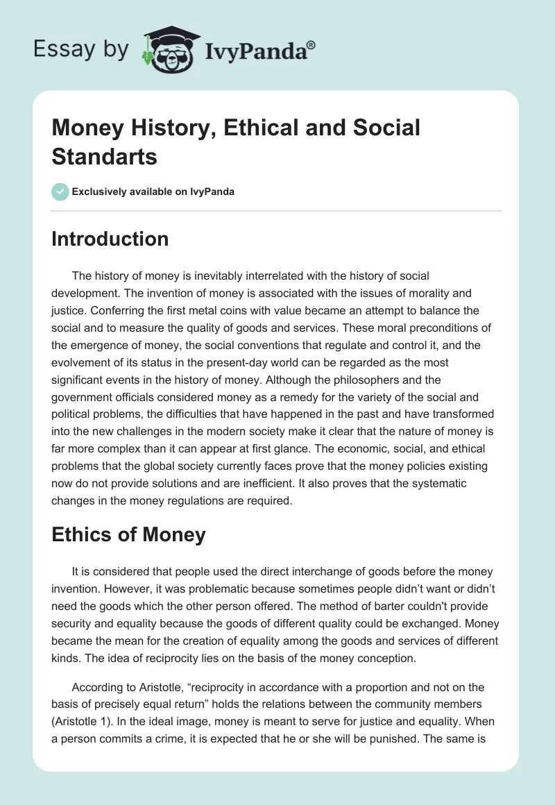 Money History, Ethical and Social Standarts. Page 1