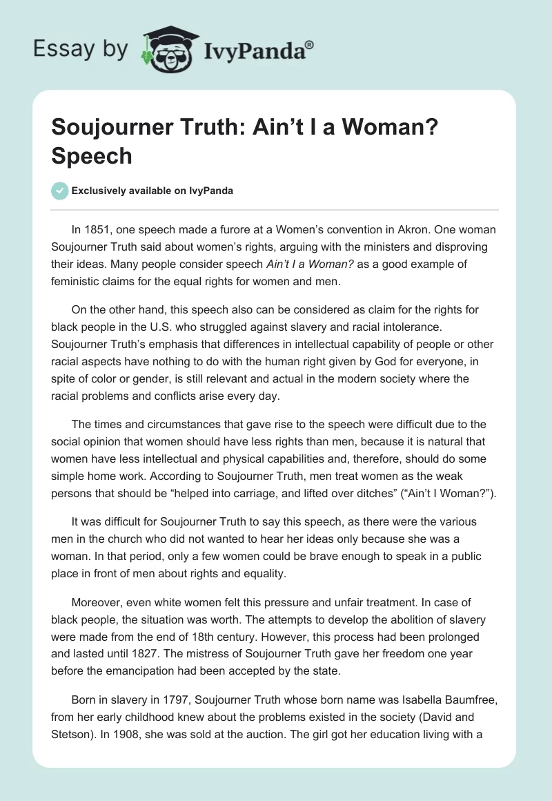 Soujourner Truth: "Ain’t I a Woman?" Speech. Page 1