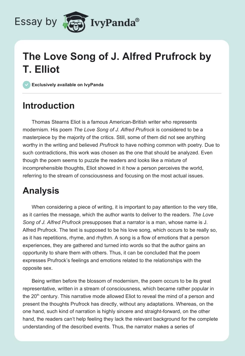 "The Love Song of J. Alfred Prufrock" by T. Elliot. Page 1