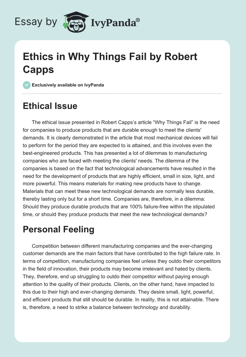 Ethics in "Why Things Fail" by Robert Capps. Page 1