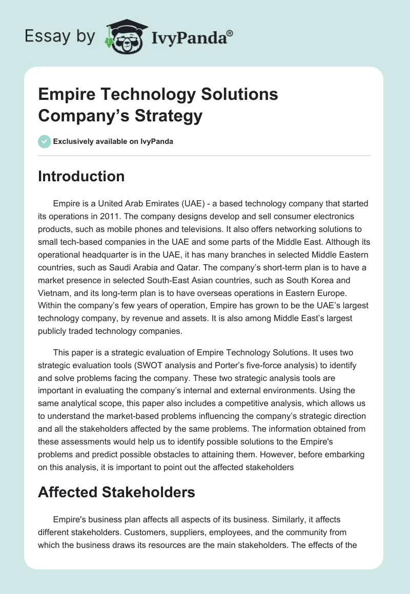 Empire Technology Solutions Company’s Strategy. Page 1