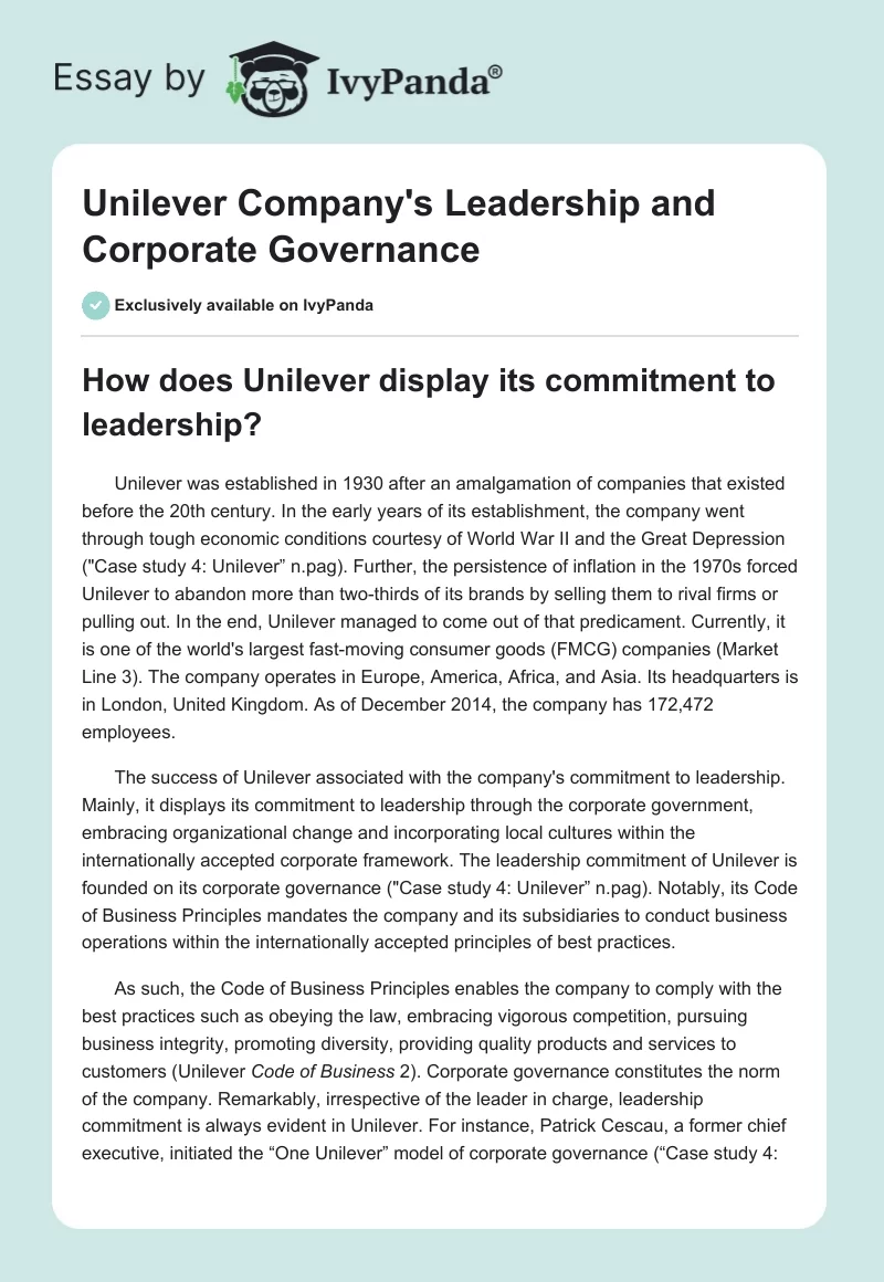 Unilever Company's Leadership and Corporate Governance. Page 1