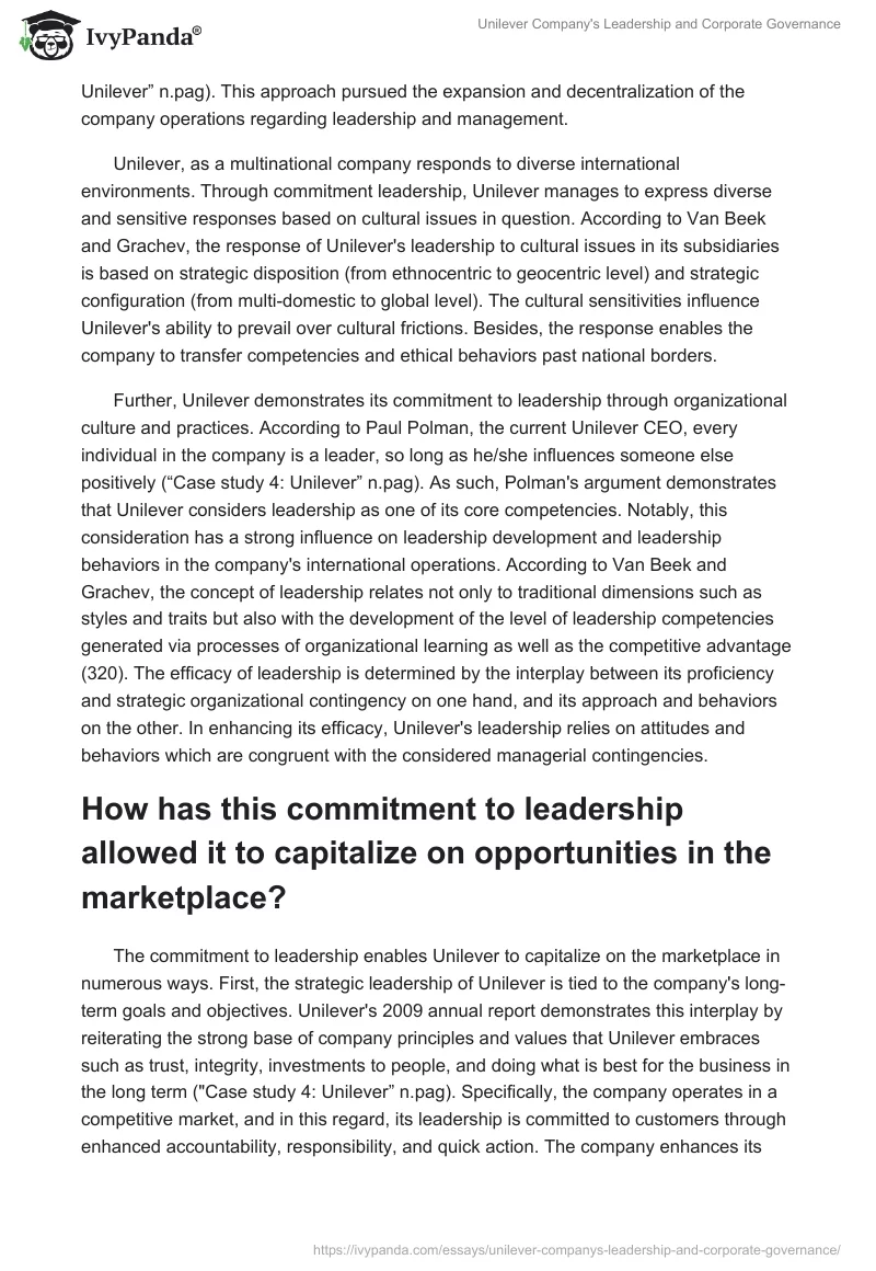 Unilever Company's Leadership and Corporate Governance. Page 2