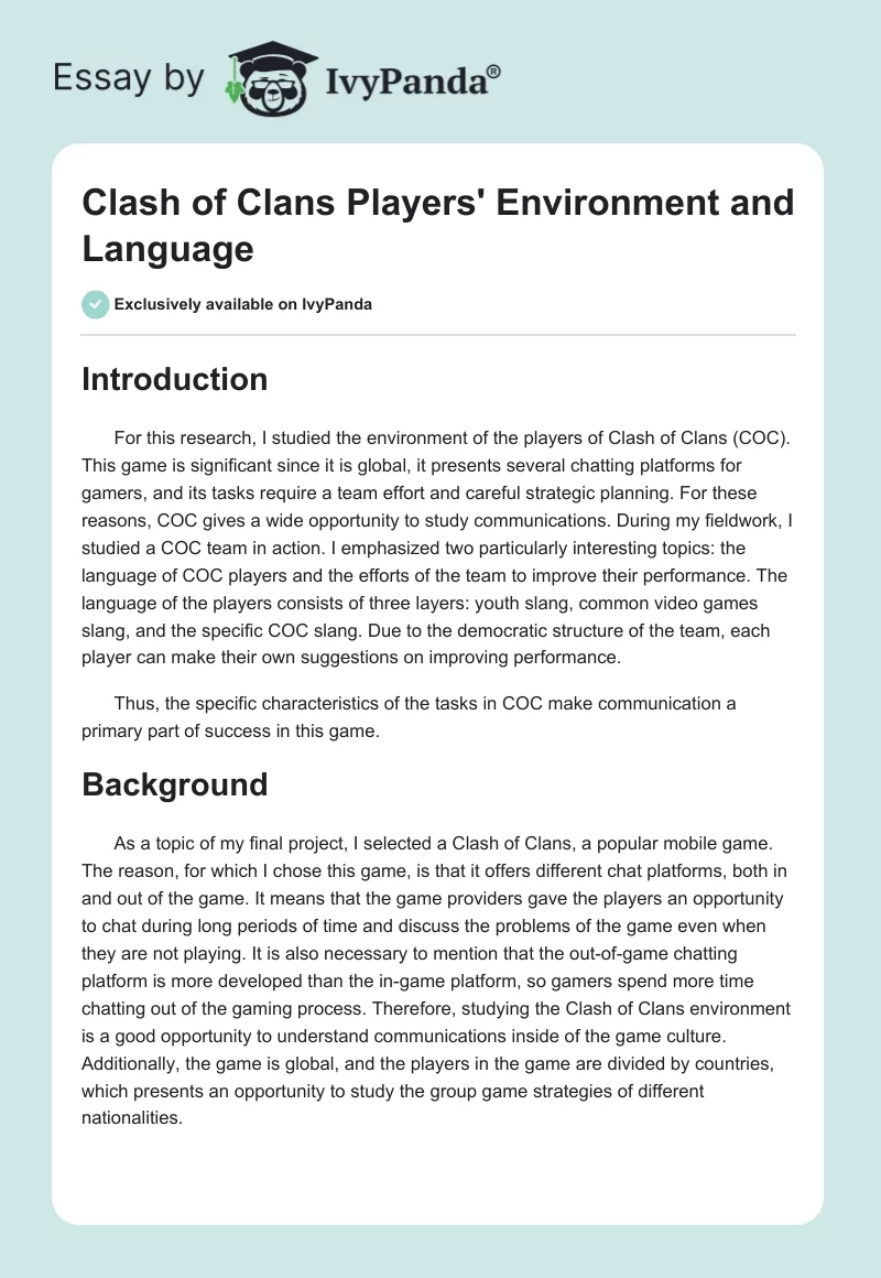 Clash of Clans Players' Environment and Language. Page 1