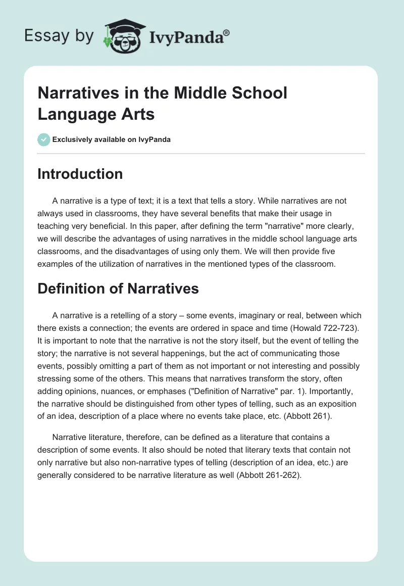 Narratives in the Middle School Language Arts. Page 1