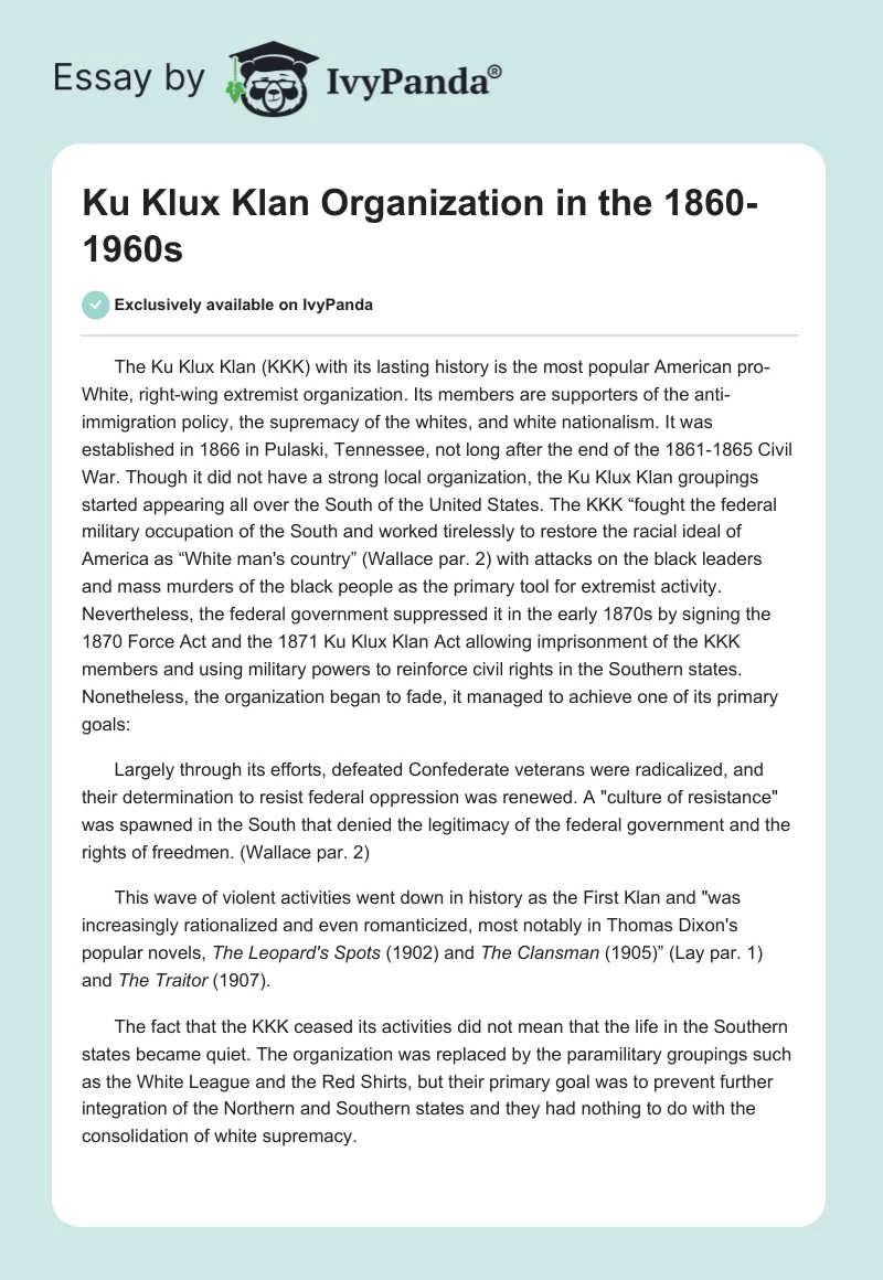 Ku Klux Klan Organization in the 1860-1960s. Page 1