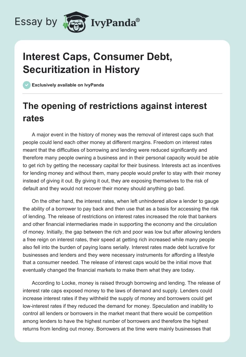 Interest Caps, Consumer Debt, Securitization in History. Page 1
