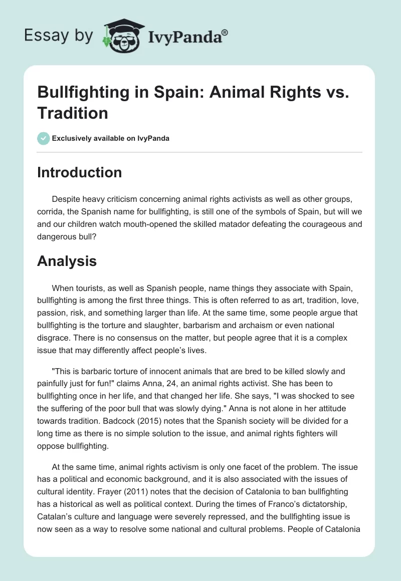Bullfighting in Spain: Animal Rights vs. Tradition. Page 1