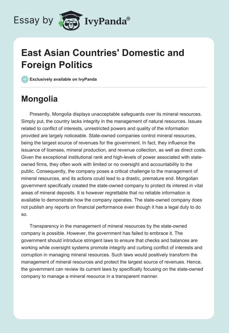 East Asian Countries' Domestic and Foreign Politics. Page 1
