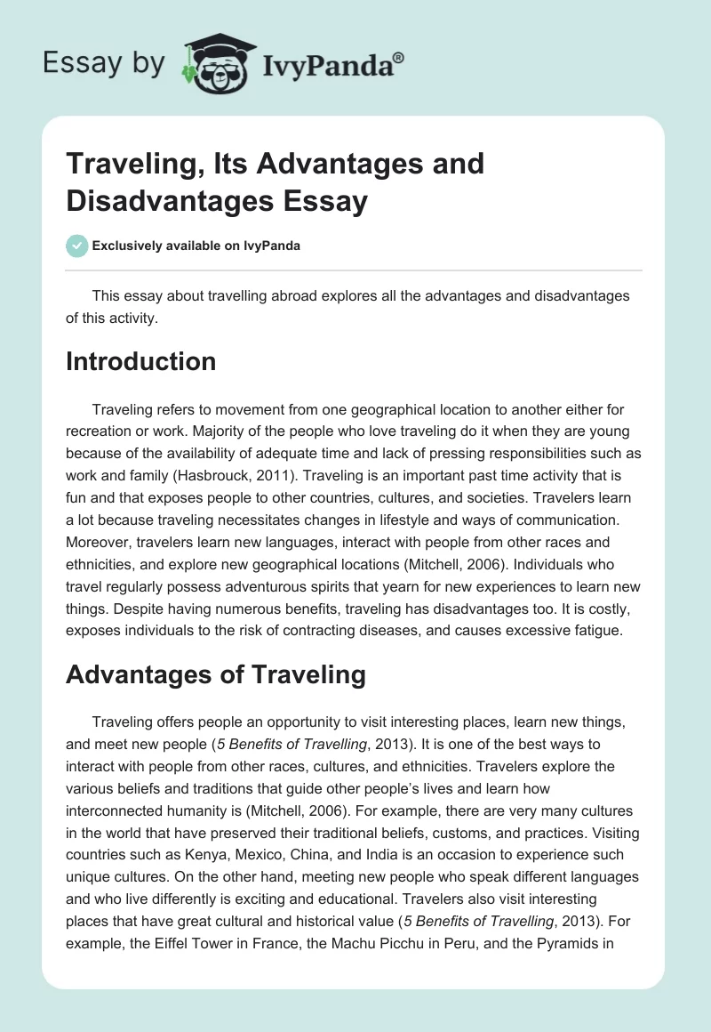 Traveling, Its Advantages and Disadvantages Essay. Page 1