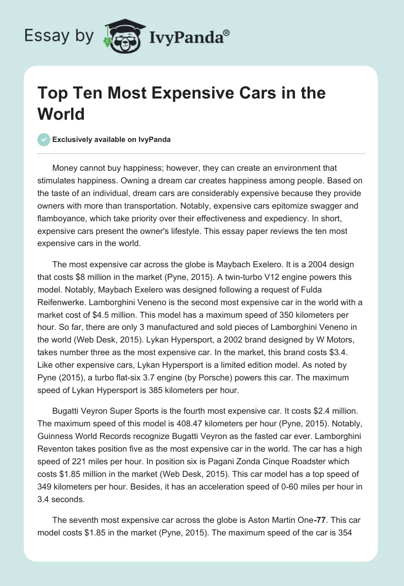 Top Ten Most Expensive Cars in the World. Page 1