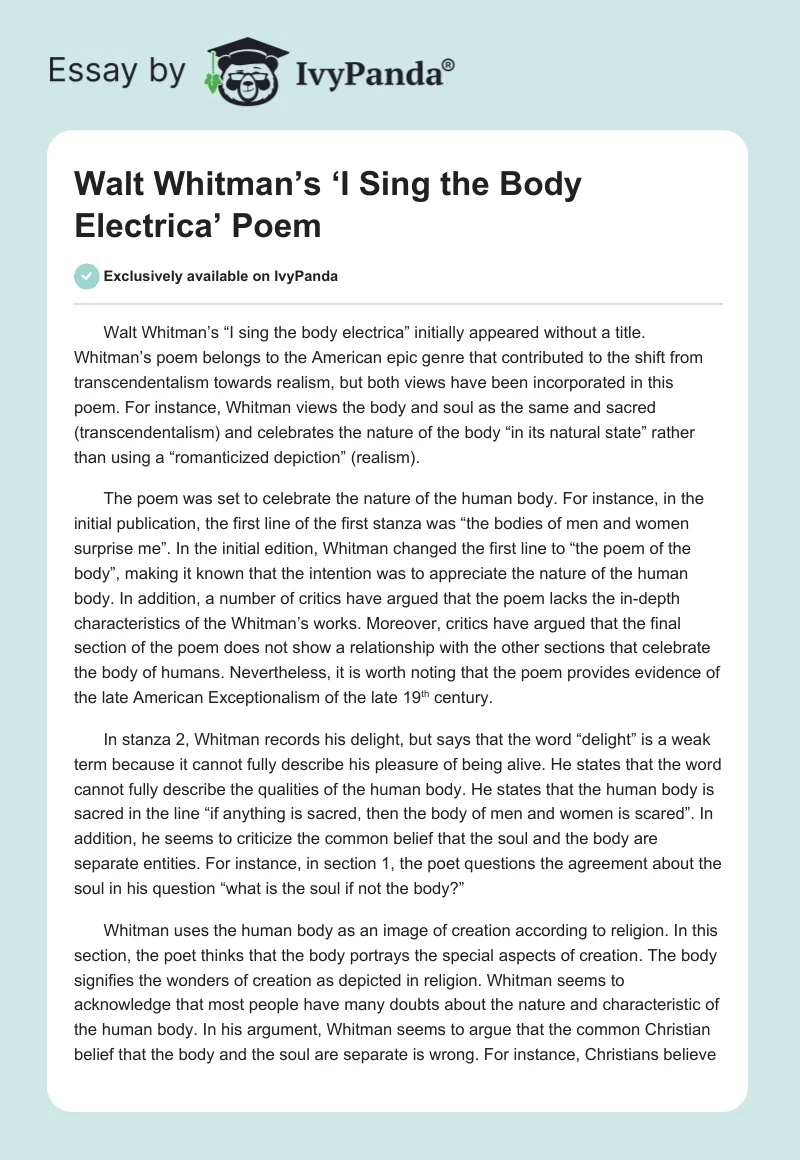 Walt Whitman’s ‘I Sing the Body Electrica’ Poem. Page 1