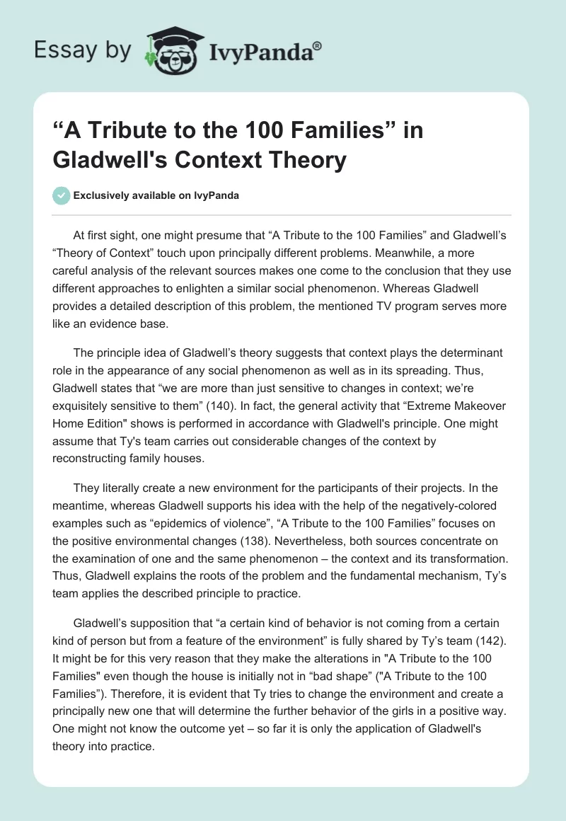 “A Tribute to the 100 Families” in Gladwell's Context Theory. Page 1