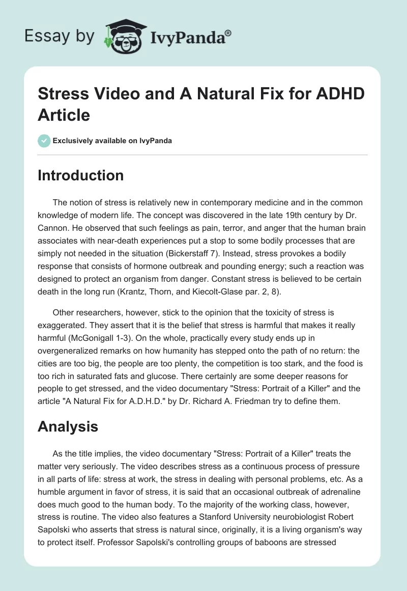 "Stress" Video and "A Natural Fix for ADHD" Article. Page 1