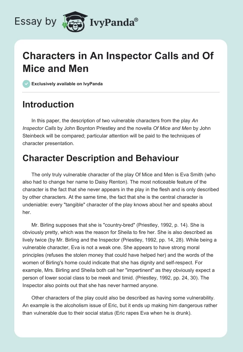 Characters in "An Inspector Calls" and "Of Mice and Men". Page 1