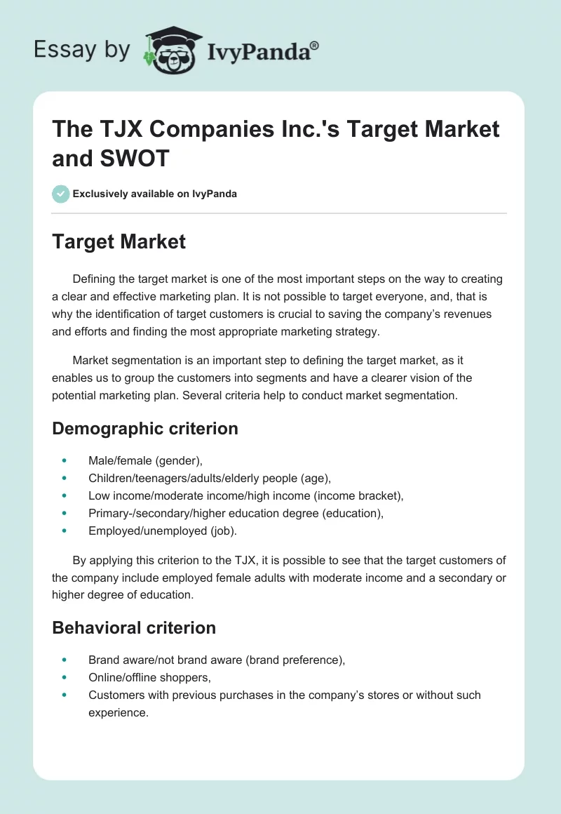 The TJX Companies Inc.'s Target Market and SWOT. Page 1