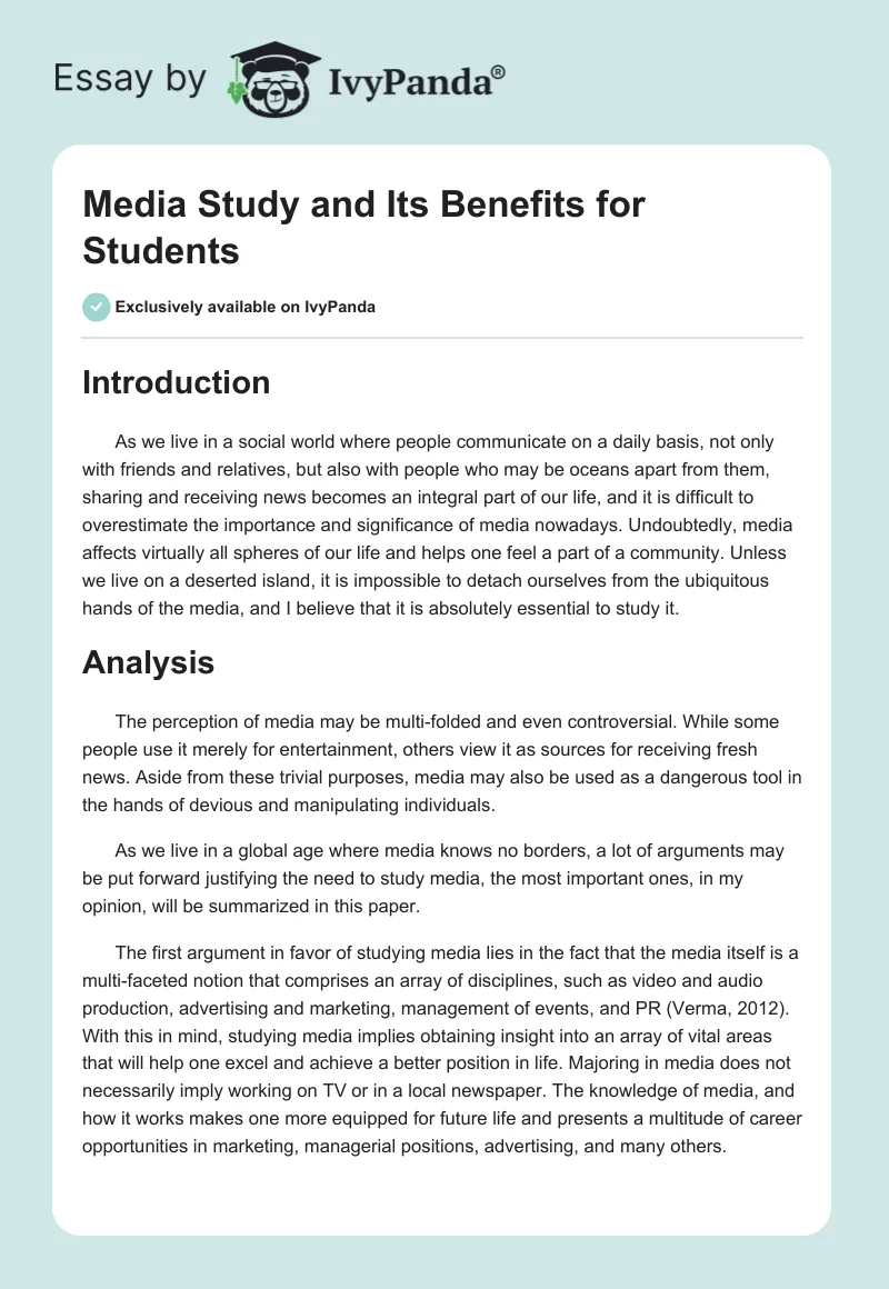 Media Study and Its Benefits for Students. Page 1
