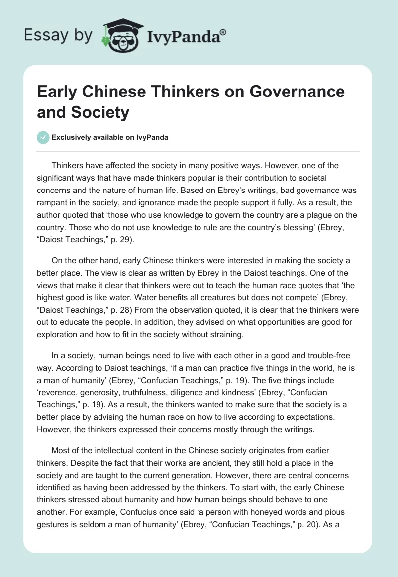 Early Chinese Thinkers on Governance and Society. Page 1