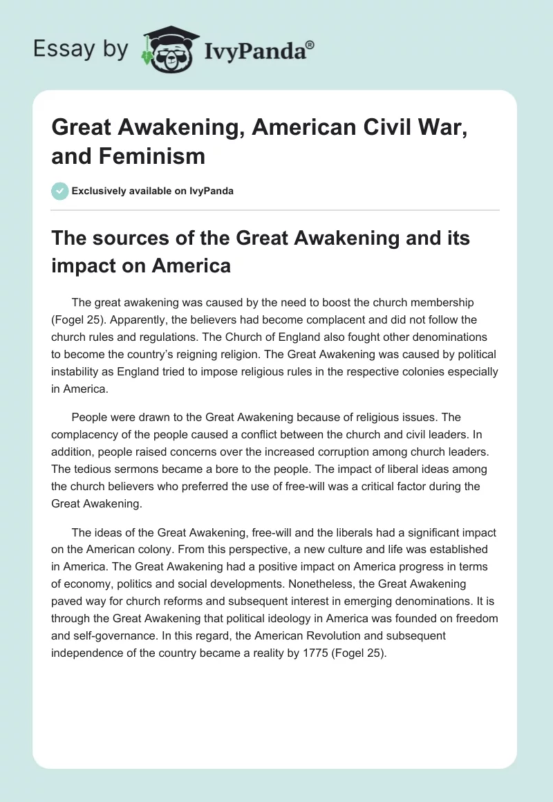Great Awakening, American Civil War, and Feminism. Page 1
