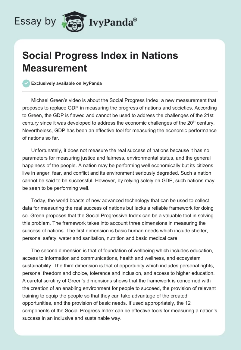 Social Progress Index in Nations Measurement. Page 1