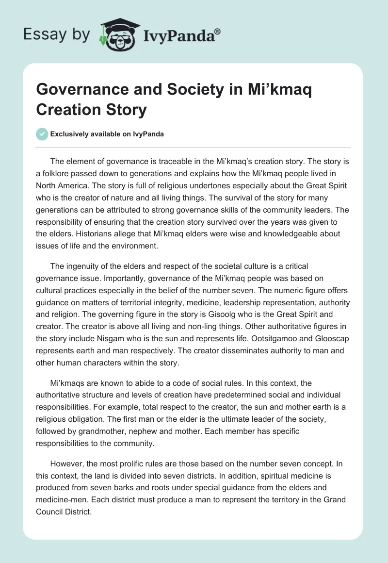 Governance and Society in Mi’kmaq Creation Story. Page 1