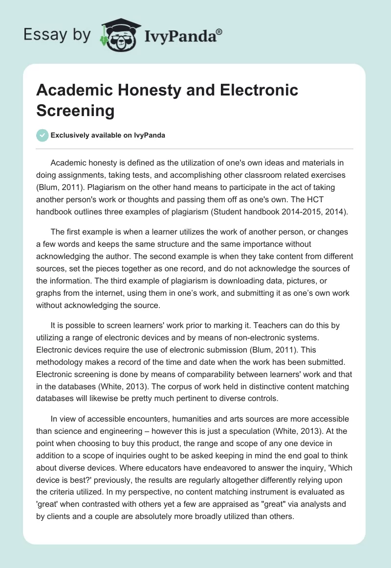Academic Honesty and Electronic Screening. Page 1