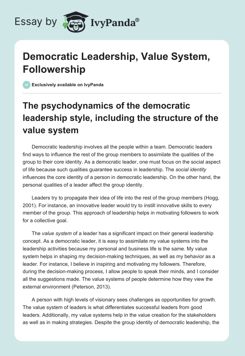 Democratic Leadership, Value System, Followership. Page 1