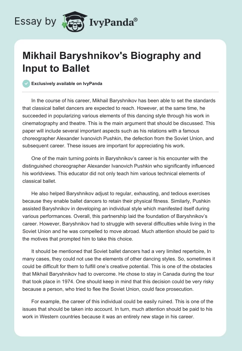 Mikhail Baryshnikov's Biography and Input to Ballet. Page 1