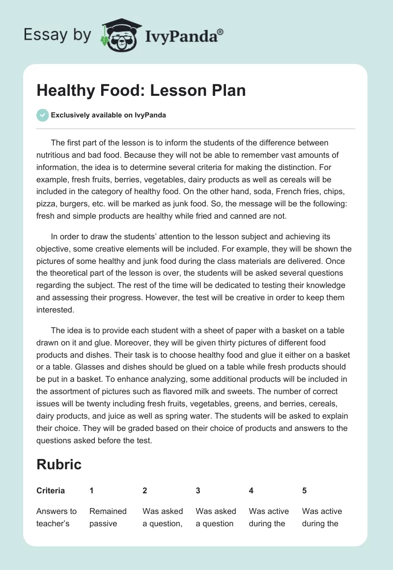 Healthy Food: Lesson Plan. Page 1